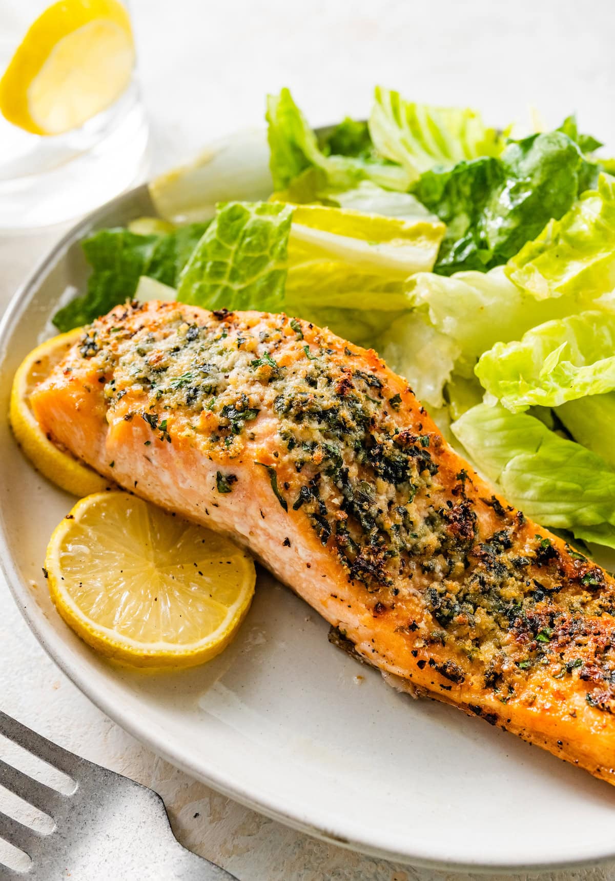 One parmesan crusted salmon filet on a white plate served with a side salad. There are two lemon slices next to the salmon.