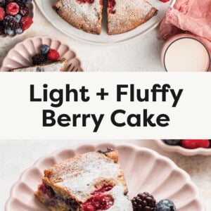 Top photo is an overhead photo of berry cake cut up on a plate with berries on top. The bottom photo is berry cake on a plate with a fork with berries on it.