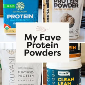 Collage of 4 different protein powders.