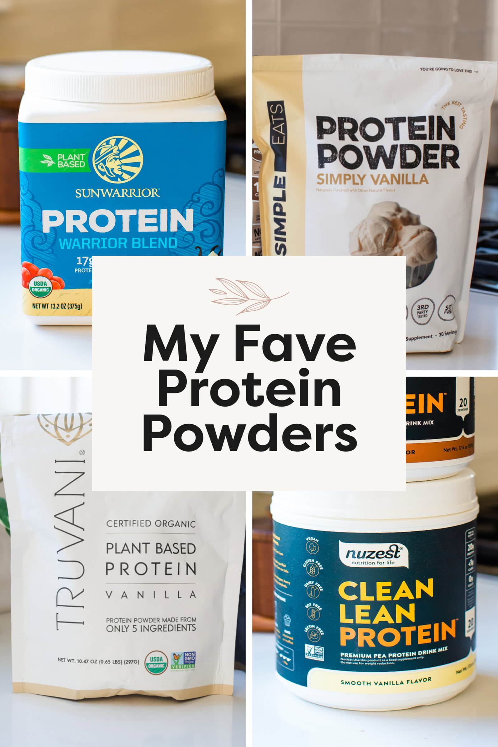 Collage of 4 different protein powders.