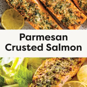 2 photos of Parmesan Crusted Salmon. One photo of it plated with lemons and one photo of it getting cut into with a fork.