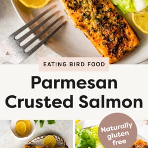 Three photos of the Parmesan Crusted Salmon. One photo of the salmon laid out on a a plate with lemons with a fork. One photo of the salmon laid out without the fork. One photo of the salmon getting cut into with a fork.