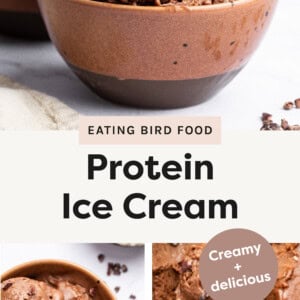 Three photos total. Protein Ice Cream in a bowl with chocolate chips on top. Bottoms photos are of an overhead of the chocolate ice cream with sprinkles and an ice cream scooper scooping out chocolate ice cream with chocolate chips on top.