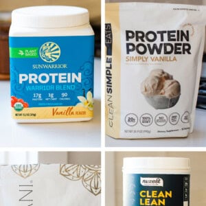 Collage of 4 different protein powders.