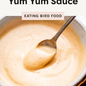 Yum Yum Sauce in a bowl with a spoon scooping some of it up