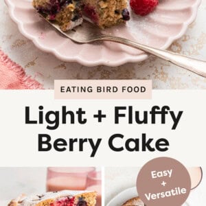 3 photos total. The top photo is berry cake on a plate with a fork with berries on it. Bottom photo cake lifted up with a spatula and other bottom photo is an overhead photo of berry cake cut up on a plate with berries on top.