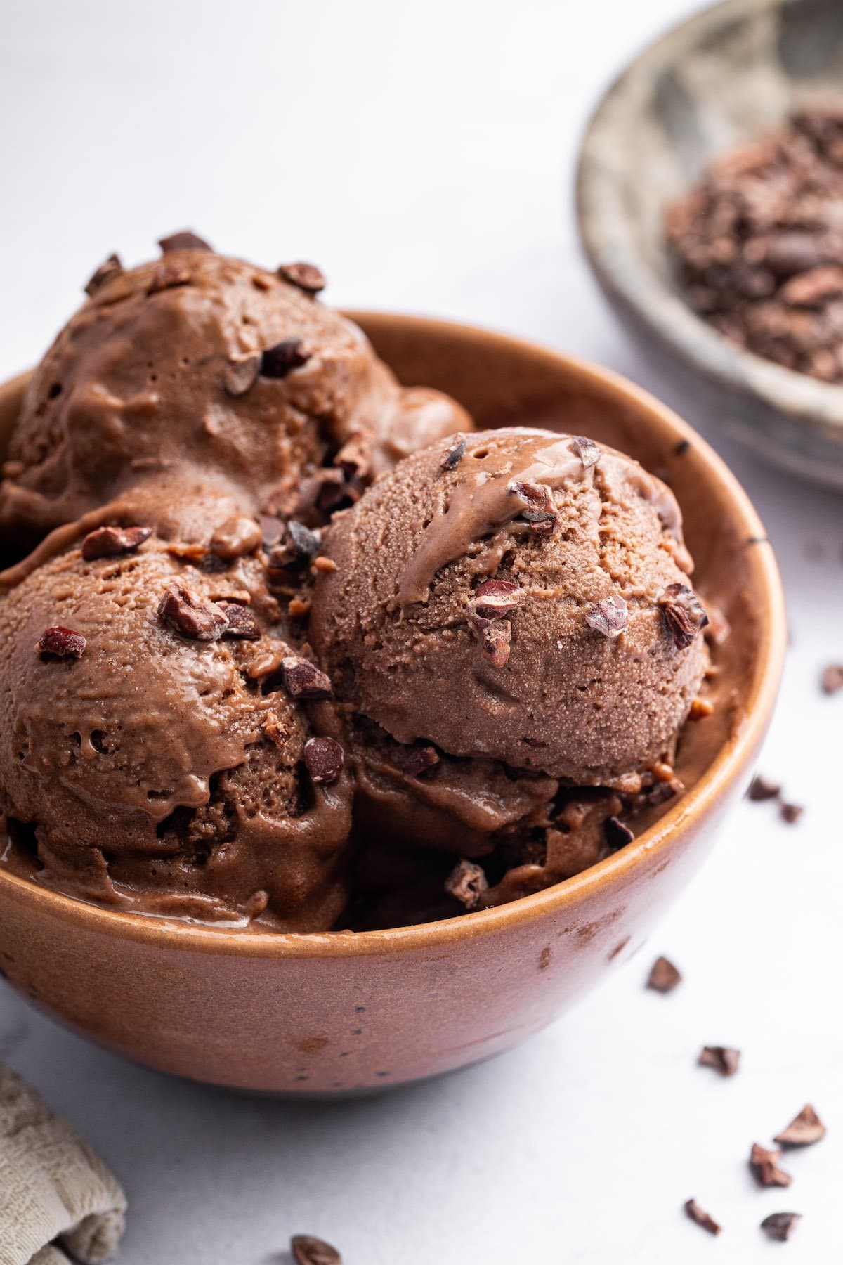 A bowl of chocolate protein ice cream topped with cacao nibs.