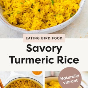 Top photo is an overhead shot Turmeric Rice with a spoon in it. Bottom left photo in an overhead shot of Turmeric Rice with a wooden spoon in the bowl. Right photo in the rice in a casserole dish.