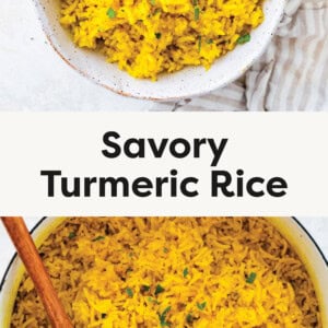 Top photo is an overhead shot Turmeric Rice with a spoon in it. Bottom photo in an overhead shot of Turmeric Rice with a wooden spoon in the bowl.