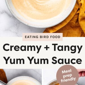 Top photos is the Yum Yum Sauce in a bowl with a spoon scooping some of it up. Bottom photo is the sauce getting mixed together with a whisk. Bottom photo beside that is the ingredients getting mixed together with a whisk.