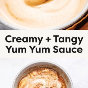 Yum Yum Sauce in a bowl with a spoon scooping some of it up as the top photo. Bottom photo is the sauce ingredients getting mixed together with a whisk.