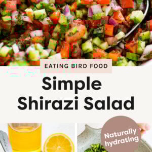 Top photo is of Shirazi Salad with a spoon in the bowl. Left bottom photo is a zoomed out Shirazi Salad with a spoon in the bowl and lemon and oil beside it. Right bottom photo is the Shirazi Salad before it gets stirred together.