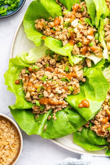 Ground chicken lettuce wraps served on a plate with a peanut sauce drizzle and fresh green onions.