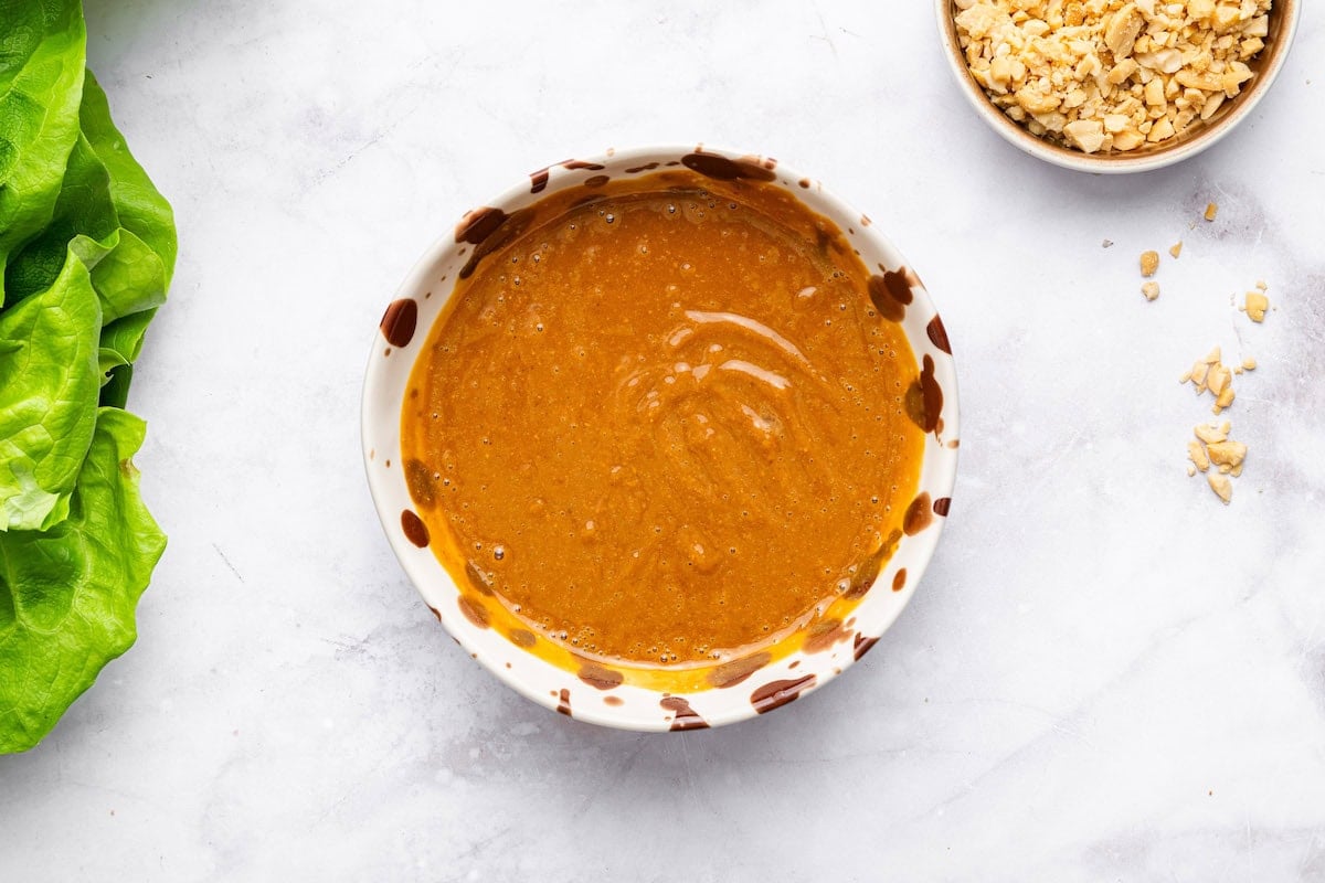 The peanut sauce for the lettuce wraps mixed together in a small bowl.