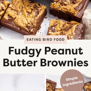 Three photos of peanut butter brownies. Bottom left photo is three brownies stacked on top of each other. Top photo and bottom right photo is brownie squares spread out on parchment paper.