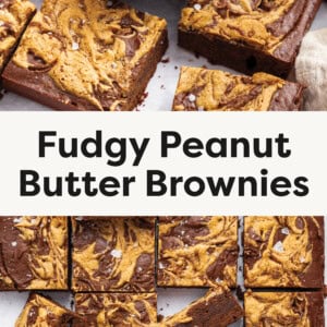 Two photos of peanut butter brownies cut into squares. A few brownies are angled on top of each other.