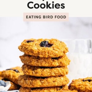 A stack of golden-brown sweet potato blueberry oatmeal cookies sits on a white surface, with a glass of milk in the background. The cookies have a slightly rough texture, with visible oats and bursts of deep blue from the blueberries. Scattered blueberries and additional cookies are placed around the stack, adding to the inviting homemade feel of the scene. The background is softly blurred, highlighting the cookies as the main focus.