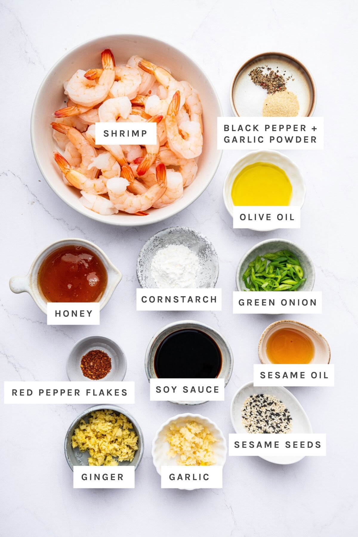 Ingredients measured out to make Honey Garlic Shrimp: