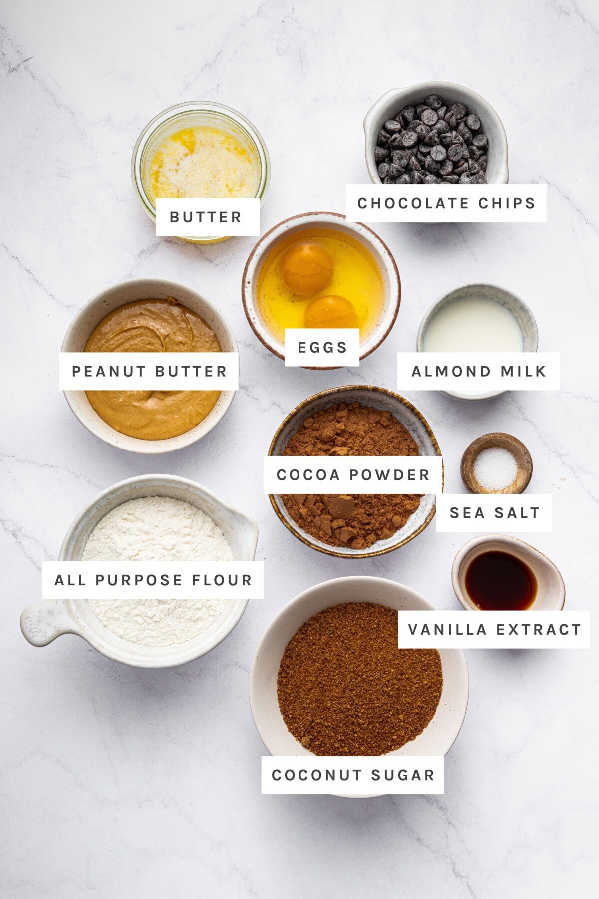 The ingredients measured out to make Peanut Butter Brownies: butter, chocolate chips, peanut butter, eggs, almond milk, cocoa powder, sea salt, all-purpose flour, vanilla extract, and coconut sugar.