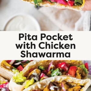 Top photo: This image shows a close-up of a hand holding a pita pocket filled with chicken shawarma, fresh vegetables, and a creamy sauce. The filling includes marinated grilled chicken, lettuce, tomatoes, red onions, pickled turnips, black olives, and a drizzle of tahini or garlic sauce inside soft, warm pita bread. In the background, there’s a glass of lemon water, a bowl of sauce, and a beige napkin, adding a fresh and inviting touch. Bottom photo: "A close-up shot of several pita pockets filled with golden, marinated chicken shawarma, fresh lettuce, diced tomatoes, pickled turnips, sliced black olives, and thinly sliced red onions. The filling is drizzled with a creamy white sauce and served in soft, warm pita bread. The dish is arranged in a white, wavy-edged plate, with a small bowl of extra pickled turnips visible in the foreground. A glass of lemon water is slightly blurred in the background, enhancing the fresh and appetizing presentation.