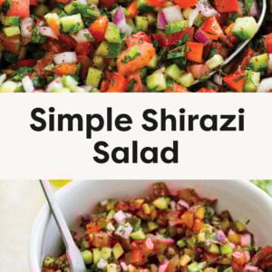 Top photo is of Shirazi Salad with a spoon in the bowl. Bottom photo Overhead photo of Shirazi Salad in a bowl with a fork next to it.