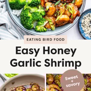 A bowl of honey garlic shrimp served over white rice, accompanied by steamed broccoli. The shrimp are coated in a glossy, caramelized sauce and garnished with sesame seeds and thinly sliced green onions. A second bowl with the same dish is partially visible in the background. A small dish of sesame seeds and a plate of additional green onions are placed nearby on a white surface with a striped cloth napkin. Bottom left photo: A close-up of a pan filled with honey garlic shrimp, coated in a glossy, caramelized sauce. The shrimp are garnished with sliced green onions and sesame seeds. A silver spoon is partially submerged, lifting some shrimp. In the background, a small bowl of fresh green onions sits on a white surface. The pan rests on a striped cloth napkin. Bottom left photo: A close-up view of honey garlic shrimp, coated in a thick, glossy sauce. The shrimp have a caramelized golden-brown color and are garnished with sesame seeds and sliced green onions. The rich sauce glistens under the light, creating a visually appealing texture. The dish appears freshly made, with vibrant toppings adding a pop of color.