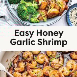 A bowl of honey garlic shrimp served over white rice, accompanied by steamed broccoli. The shrimp are coated in a glossy, caramelized sauce and garnished with sesame seeds and thinly sliced green onions. A second bowl with the same dish is partially visible in the background. A small dish of sesame seeds and a plate of additional green onions are placed nearby on a white surface with a striped cloth napkin. Bottom photo: A close-up of a pan filled with honey garlic shrimp, coated in a glossy, caramelized sauce. The shrimp are garnished with sliced green onions and sesame seeds. A silver spoon is partially submerged, lifting some shrimp. In the background, a small bowl of fresh green onions sits on a white surface. The pan rests on a striped cloth napkin.