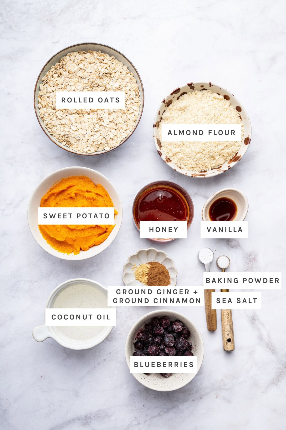 Ingredients measured out to make Sweet Potato Blueberry Oatmeal Cookies: Rolled oats, almond flour, sweet potato, honey, vanilla, ground ginger, ground cinnamon, baking powder, sea salt, coconut oil, blueberries.