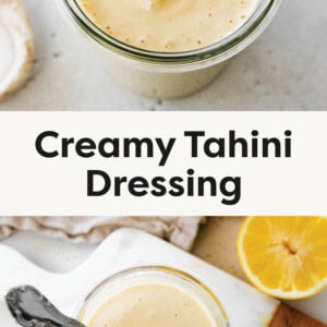 Top photo: This image showcases a close-up of creamy tahini dressing in a glass jar. A spoon is lifted above the jar, allowing the smooth, thick dressing to drizzle back down, highlighting its velvety texture. In the background, there’s a whole lemon and a lemon half, suggesting the fresh, zesty ingredients used in the dressing. The neutral-toned cloth and light surface add a natural and fresh aesthetic. Bottom photo: This image shows a glass jar filled with creamy tahini dressing, accompanied by a vintage-style spoon. In the background, there's a whole lemon and a lemon half, hinting at the fresh, zesty flavor in the dressing. The scene is set on a marble surface with a neutral cloth, giving it a fresh and natural aesthetic.