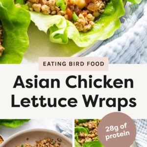 top photo: This image shows Asian Chicken Lettuce Wraps served on a plate. Left bottom photo: This image shows a pan filled with seasoned ground chicken mixed with chopped ingredients, likely water chestnuts, peanuts, and green onions. Right bottom photo: A close-up of Asian chicken lettuce wraps served on a plate.