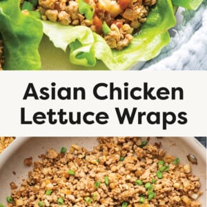 top photo: This image shows Asian Chicken Lettuce Wraps served on a plate. The wraps are made using fresh, crisp lettuce leaves filled with a flavorful mixture of ground chicken, water chestnuts, onions, and a savory sauce. Bottom photo: This image shows a pan filled with seasoned ground chicken mixed with chopped ingredients, likely water chestnuts, peanuts, and green onions.