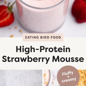 Top Image: Close-up of a glass filled with fluffy pink strawberry mousse, topped with a dollop of yogurt, crushed cookies, and a halved fresh strawberry. Bottom Left Image: Two glasses of strawberry mousse topped with yogurt and strawberry halves, placed next to fresh strawberries on a marble surface. Bottom Right Image: Overhead view of a glass of strawberry mousse with a spoonful scooped out, showing the creamy texture, topped with yogurt, crushed cookies, and a fresh strawberry half.