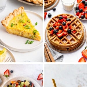 Collage of 4 photos for Mother's Day brunch recipes:cottage cheese quiche waffles fruit & yogurt parfait Fruit salad