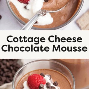 Top photo: A spoon in the cottage cheese mousse topped with whip cream, chocolate chips and fresh raspberries. Bottom photo: Cottage cheese chocolate mousse in a glass topped with whip cream, chocolate chips and fresh raspberries.