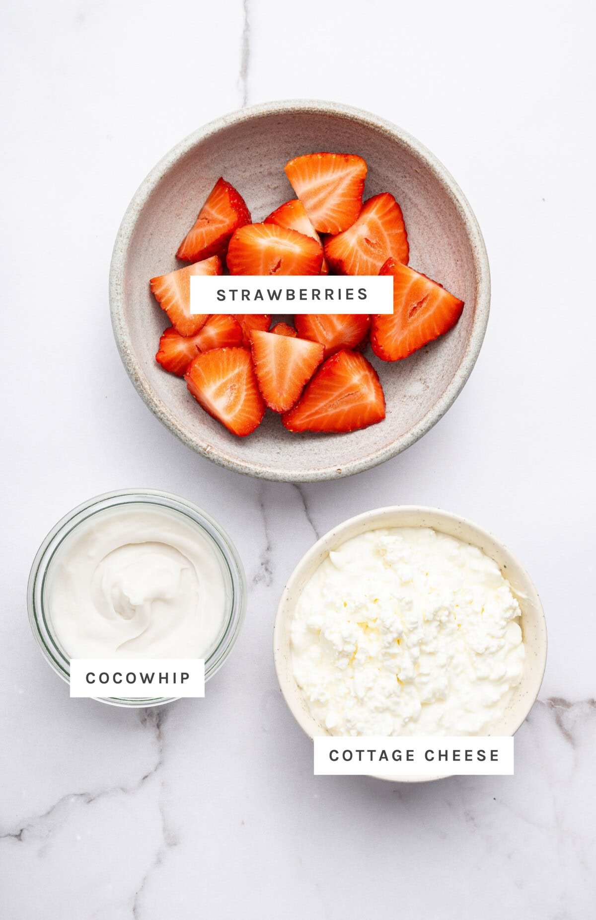 High-Protein Strawberry Mousse ingredients: Strawberries, Cocowhip, Cottage Cheese