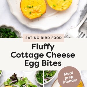 Top photo: Three fluffy cottage cheese egg bites garnished with chopped chives on a scalloped white plate. Bottom-left photo: A breakfast plate with three egg bites, leafy greens, red onion slices, and two sausage links. Bottom-right photo: A serving platter filled with multiple golden egg bites, topped with chopped green herbs.