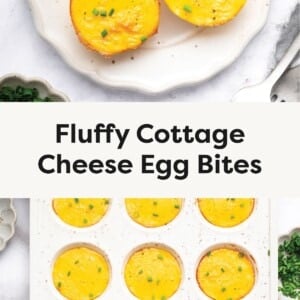 Top Photo: Three fluffy cottage cheese egg bites on a plate, garnished with chopped chives. Bottom Photo: Egg bites in a white muffin tin, sprinkled with chives, surrounded by ingredients.
