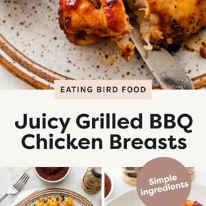 Top photo: Juicy grilled BBQ chicken breast being sliced, served with corn salad and BBQ sauce. Bottom left photo: Plated BBQ chicken breast with corn salad and sauce, viewed from above. Bottom right photo: Grilled BBQ chicken breasts on a white plate with visible char marks.