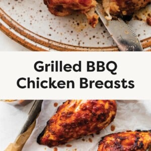 Top photo: A fork cutting into a juicy grilled BBQ chicken breast on a plate with corn salad and BBQ sauce. Bottom photo: Four grilled BBQ chicken breasts on a parchment-lined baking sheet, coated in BBQ sauce.
