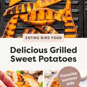 Top Photo: Thick wedges of sweet potatoes with grill marks cooking on a black grill pan. Bottom Left Photo: A hand dipping a grilled sweet potato wedge into a small bowl of white sauce, surrounded by more sweet potato wedges. Bottom Right Photo: A platter of grilled sweet potato wedges garnished with fresh parsley on a white surface with a tan napkin.