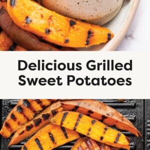 Top Photo: A hand dips a grilled sweet potato wedge with dark grill marks into a small bowl of white dipping sauce, surrounded by more wedges on a serving plate. Bottom Photo: Bright orange sweet potato wedges with charred grill marks are cooking on a black grill pan.