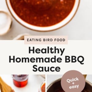 Top photo: A metal spoon holding a scoop of thick BBQ sauce over a bowl. Bottom left photo: A basting brush dipped into a jar of BBQ sauce with another jar nearby. Bottom right photo: A wooden spoon stirring BBQ sauce in a saucepan.