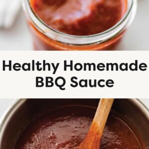 Top photo: A wooden spoon lifting thick, red BBQ sauce from a glass jar. Bottom photo: A wooden spoon stirring a pot of smooth, red BBQ sauce.