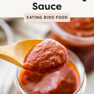 Close-up of a spoonful of thick, red homemade BBQ sauce held over a glass jar