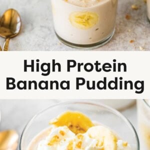 High protein banana pudding in a glass, topped with whipped cream, banana slices, and cookie crumbs, with a bowl of vanilla wafer cookies in the background. Close-up of creamy banana pudding in a glass, topped with whipped cream, banana slices, and cookie crumbs.