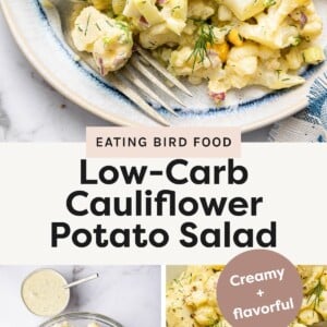Top photo: Close-up of a serving of creamy cauliflower potato salad garnished with fresh dill on a plate with a fork. Bottom left photo: Overhead view of a mixing bowl filled with chopped cauliflower, celery, onions, dill, and eggs, next to a bowl of dressing. Bottom right photo: Zoomed-in shot of the finished cauliflower salad showing its creamy texture, herbs, and seasoning.