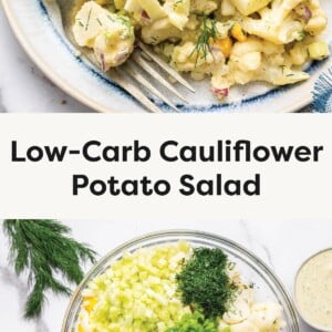 Top Photo: A serving of creamy low-carb cauliflower potato salad on a plate with a fork, garnished with fresh dill. Bottom Photo: A glass bowl with ingredients for cauliflower potato salad, including chopped eggs, celery, red onion, green onions, fresh dill, and cauliflower, next to a dish of dressing.