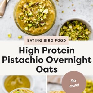 Top Photo: Overhead view of two jars filled with pistachio overnight oats topped with chopped pistachios, with spoons and scattered nuts nearby. Bottom Left Photo: Close-up of a glass jar with pistachio overnight oats, topped with chopped pistachios, with a bowl of green mixture in the background. Bottom Right Photo: Another close-up of the same oats in a glass jar, garnished with chopped pistachios