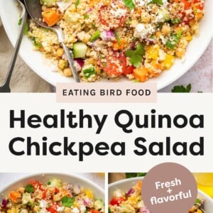 Top photo: Overhead view of a large white bowl filled with colorful quinoa chickpea salad, garnished with fresh parsley and feta, with serving spoons inside. Bottom left photo: Close-up of the quinoa chickpea salad in a bowl, showing chopped vegetables, chickpeas, and crumbled feta mixed with quinoa. Bottom right photo: Another close-up angle of the salad in a bowl, highlighting the vibrant mix of tomatoes, onions, cucumbers, and herbs with a spoon ready for serving.