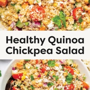 Top Photo: Overhead close-up of a colorful quinoa chickpea salad with cherry tomatoes, red onion, cucumber, bell pepper, feta, parsley, and chickpeas. Bottom Photo: Overhead view of a bowl filled with quinoa chickpea salad with a serving spoon, showcasing bright vegetables and crumbled feta.
